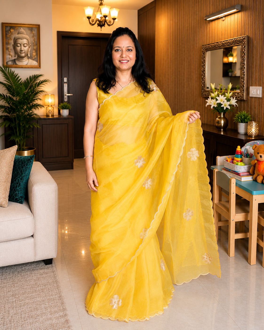 Yellow Pure Kora Silk Saree with Handcrafted Floral Motifs