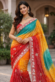 Multicolor Pure Georgette Zardosi Handwork Saree