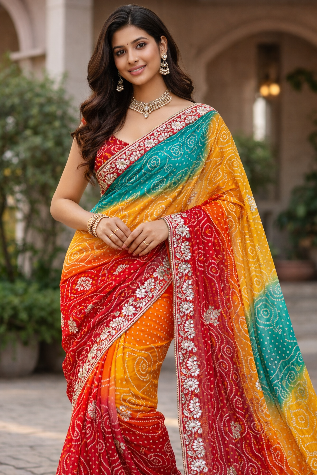 Multicolor Pure Georgette Zardosi Handwork Saree