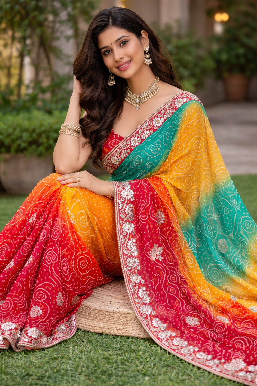 Multicolor Pure Georgette Zardosi Handwork Saree