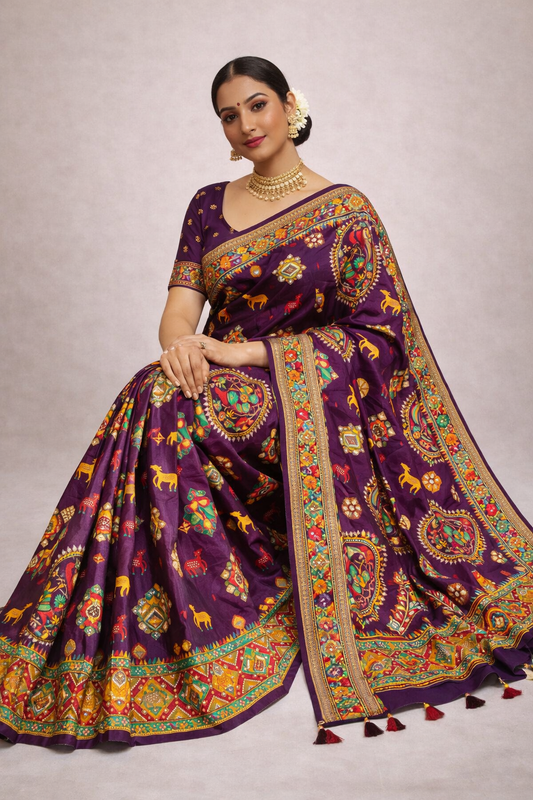 Purple soft pashmina silk saree with woven design.
