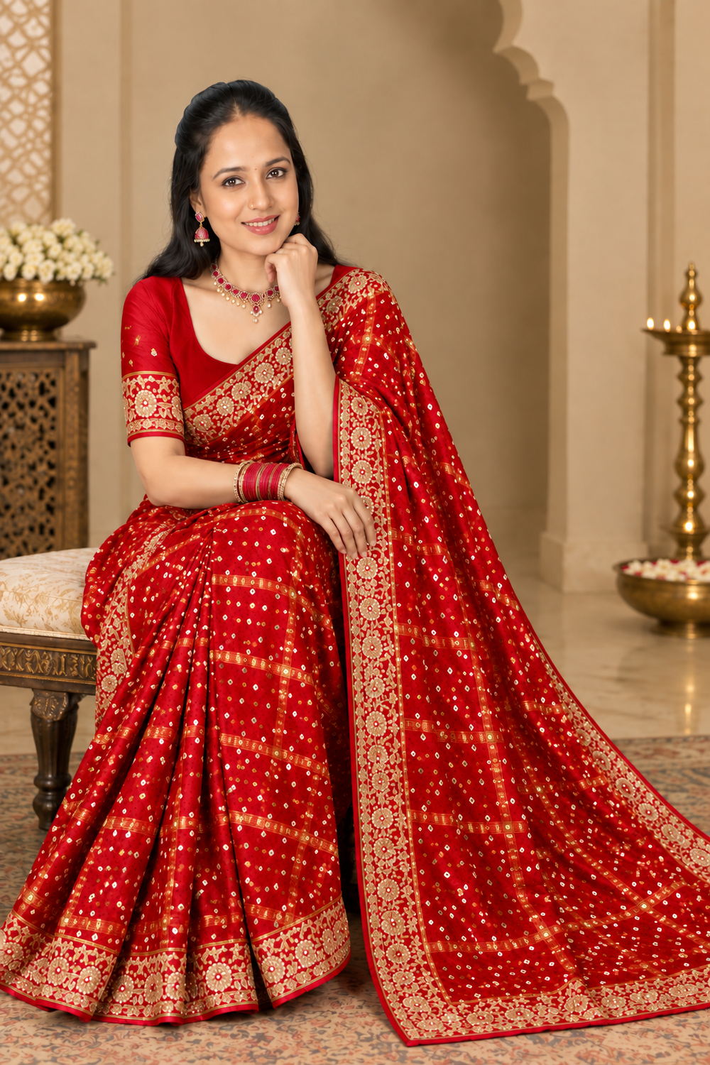 Red Gajji Modal Silk Gharchola Saree with Handwork