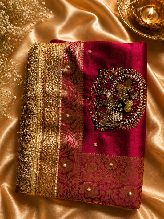 Royal Magenta Tissue Silk Saree with Intricate Handwork & Pearl Detailing