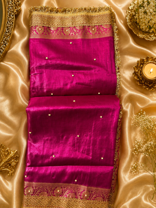 Royal Magenta Tissue Silk Saree with Intricate Handwork & Pearl Detailing