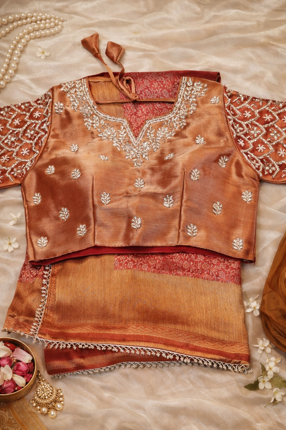 Tissue Silk Pearl Border Saree with Ready Blouse