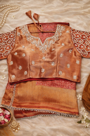 Tissue Silk Pearl Border Saree with Ready Blouse.