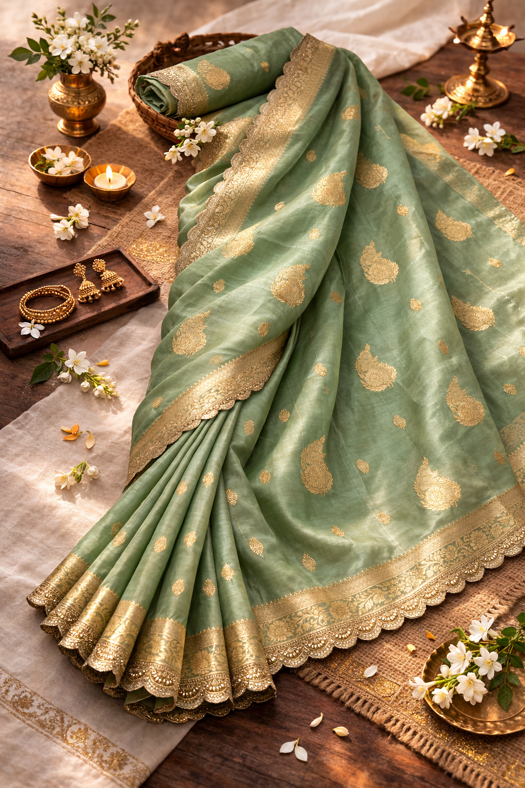 Pastel Green Saree with Gold Zari Motif and Lace Border.
