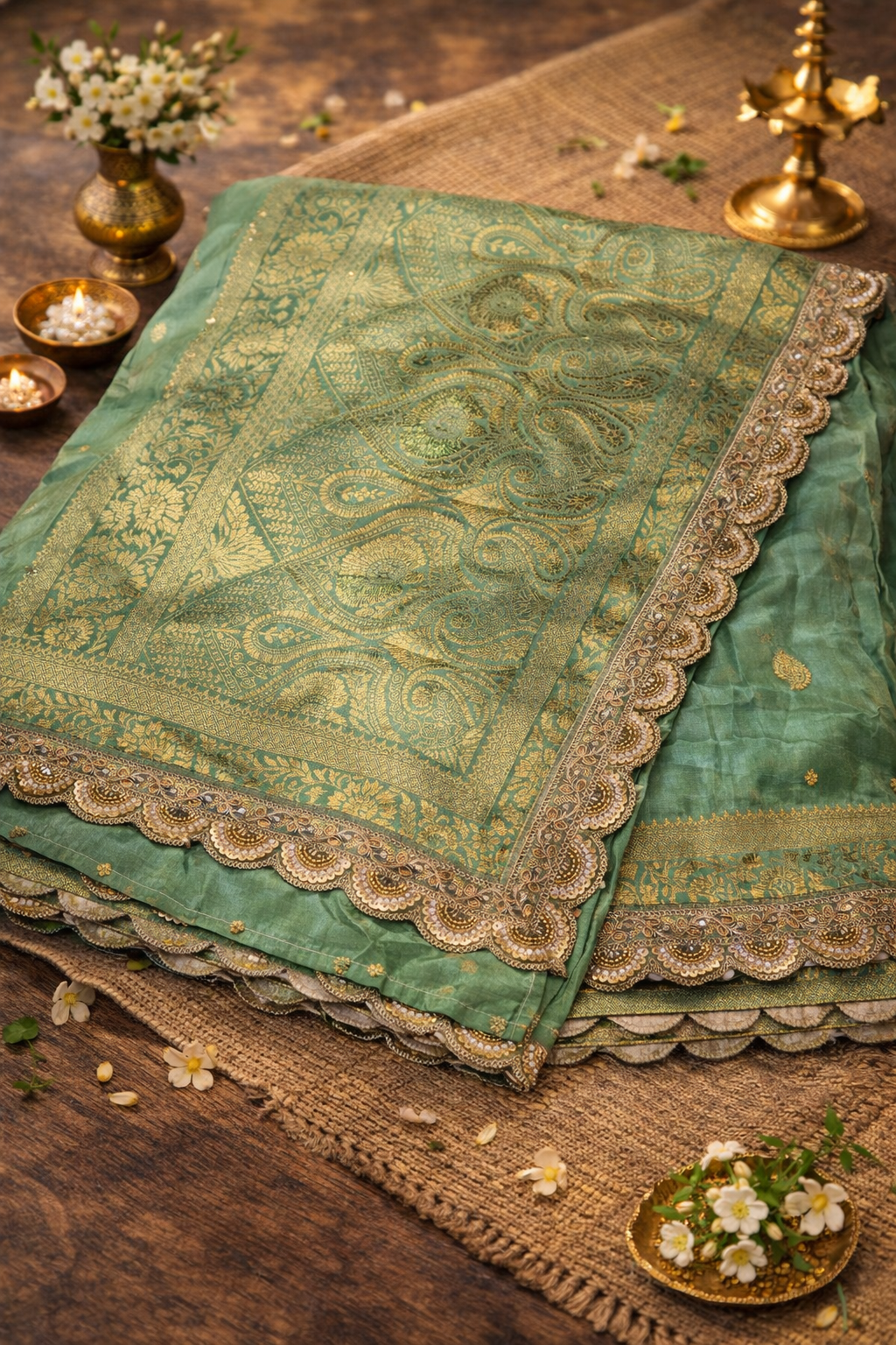 Pastel Green Saree with Gold Zari Motif and Lace Border.