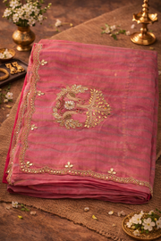 Blush Pink Silk Saree with Peacock Embroidery.
