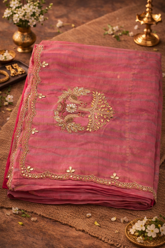 Blush Pink Silk Saree with Peacock Embroidery