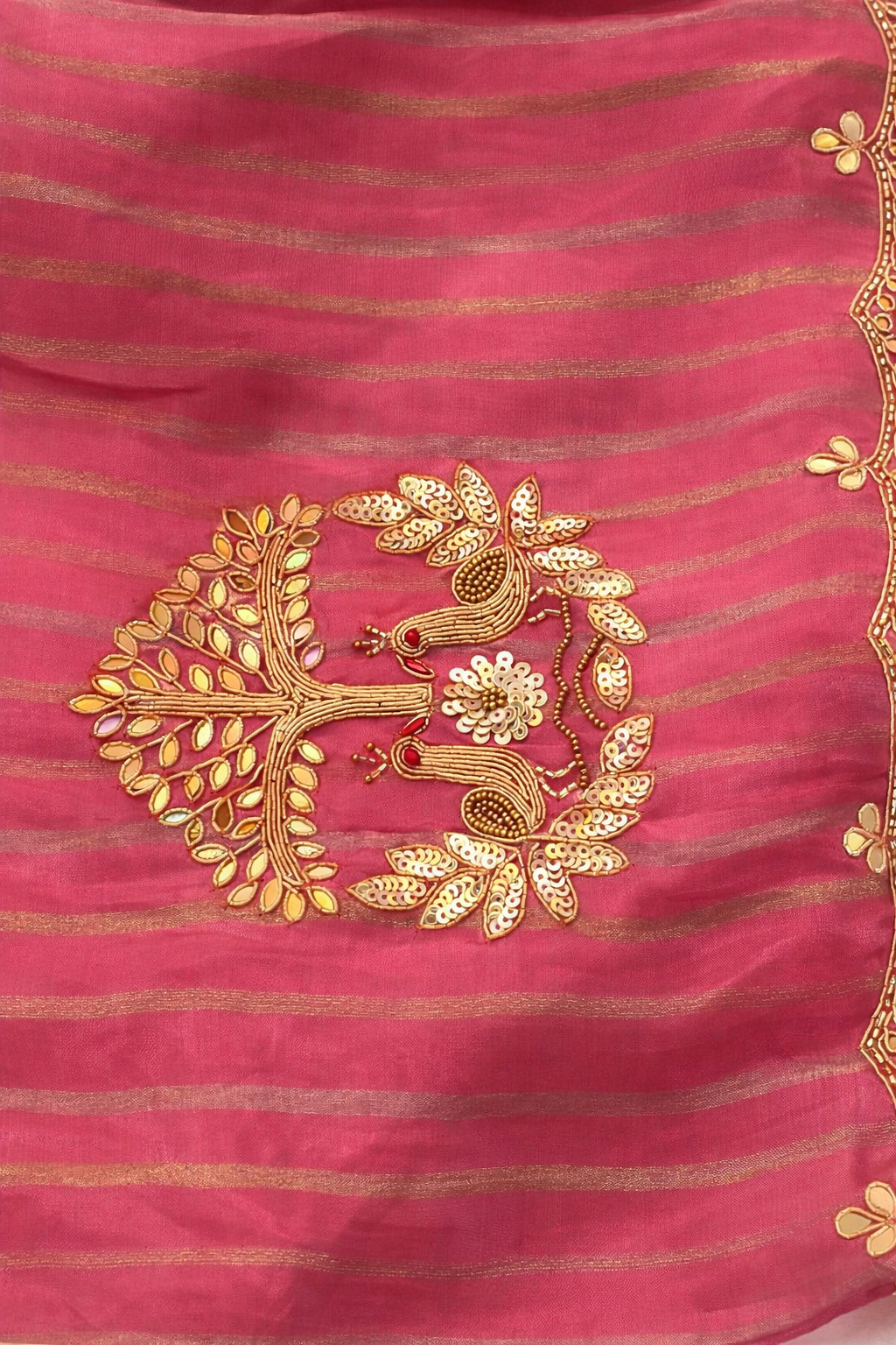 Blush Pink Silk Saree with Peacock Embroidery.
