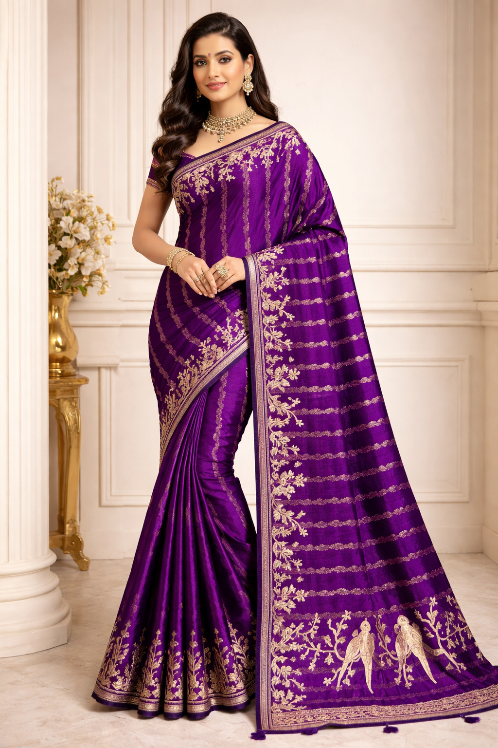 Regal Purple Saree with Bird Motifs tvisa