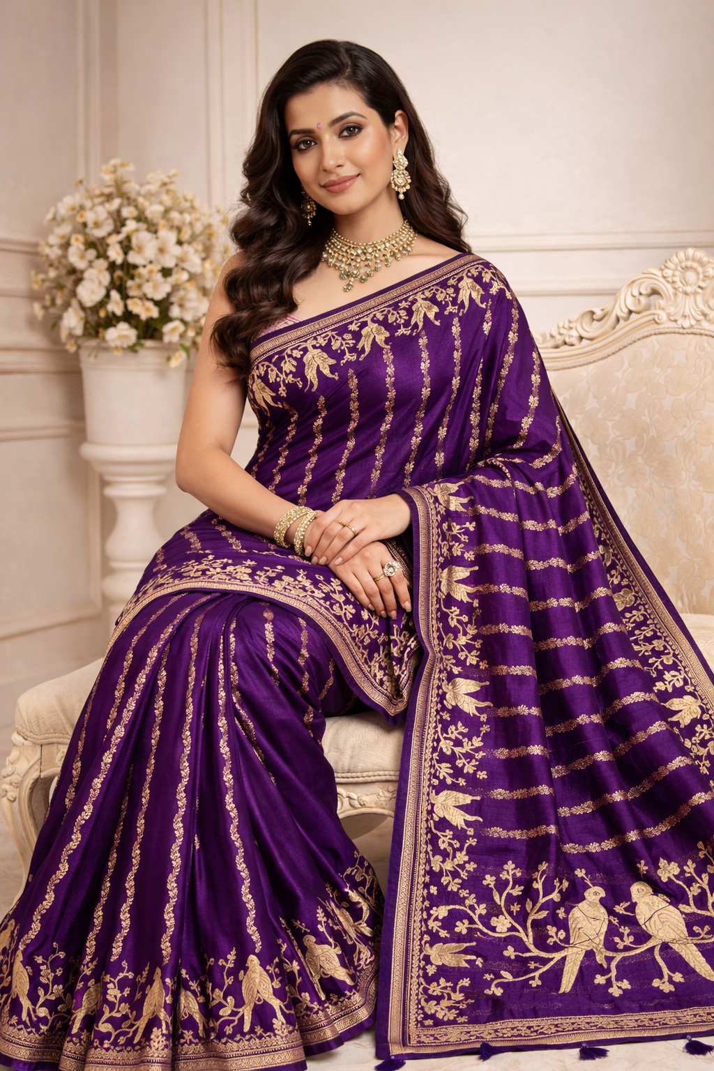 Regal Purple Saree with Bird Motifs tvisa