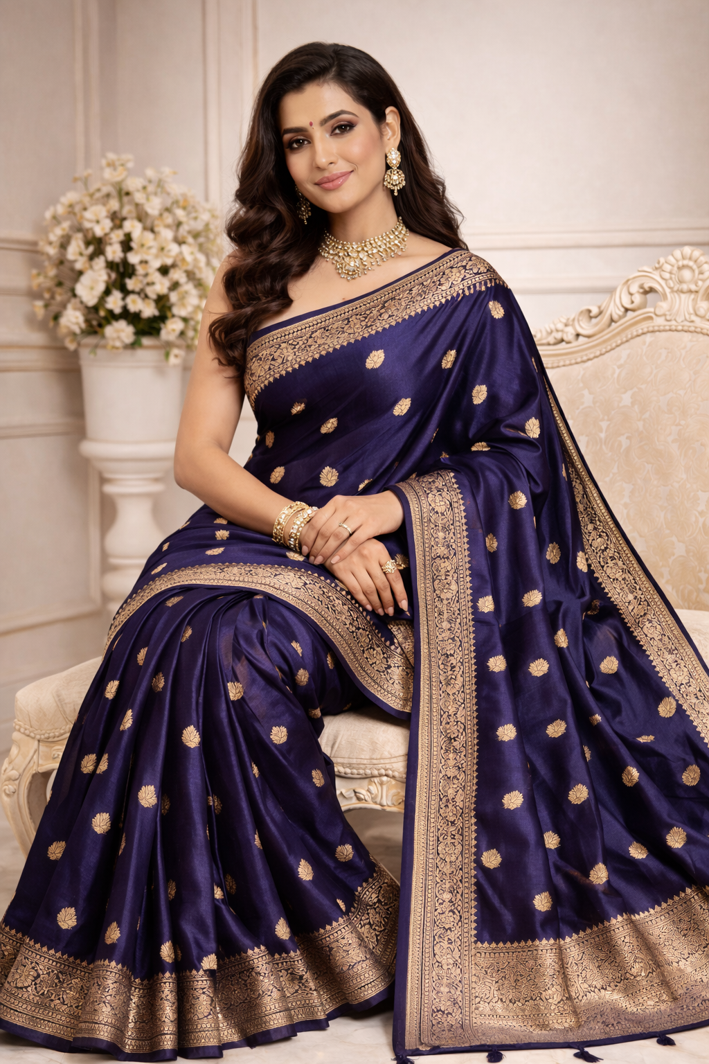 Slate Blue Silk Saree with Gold Zari Butis tvisa