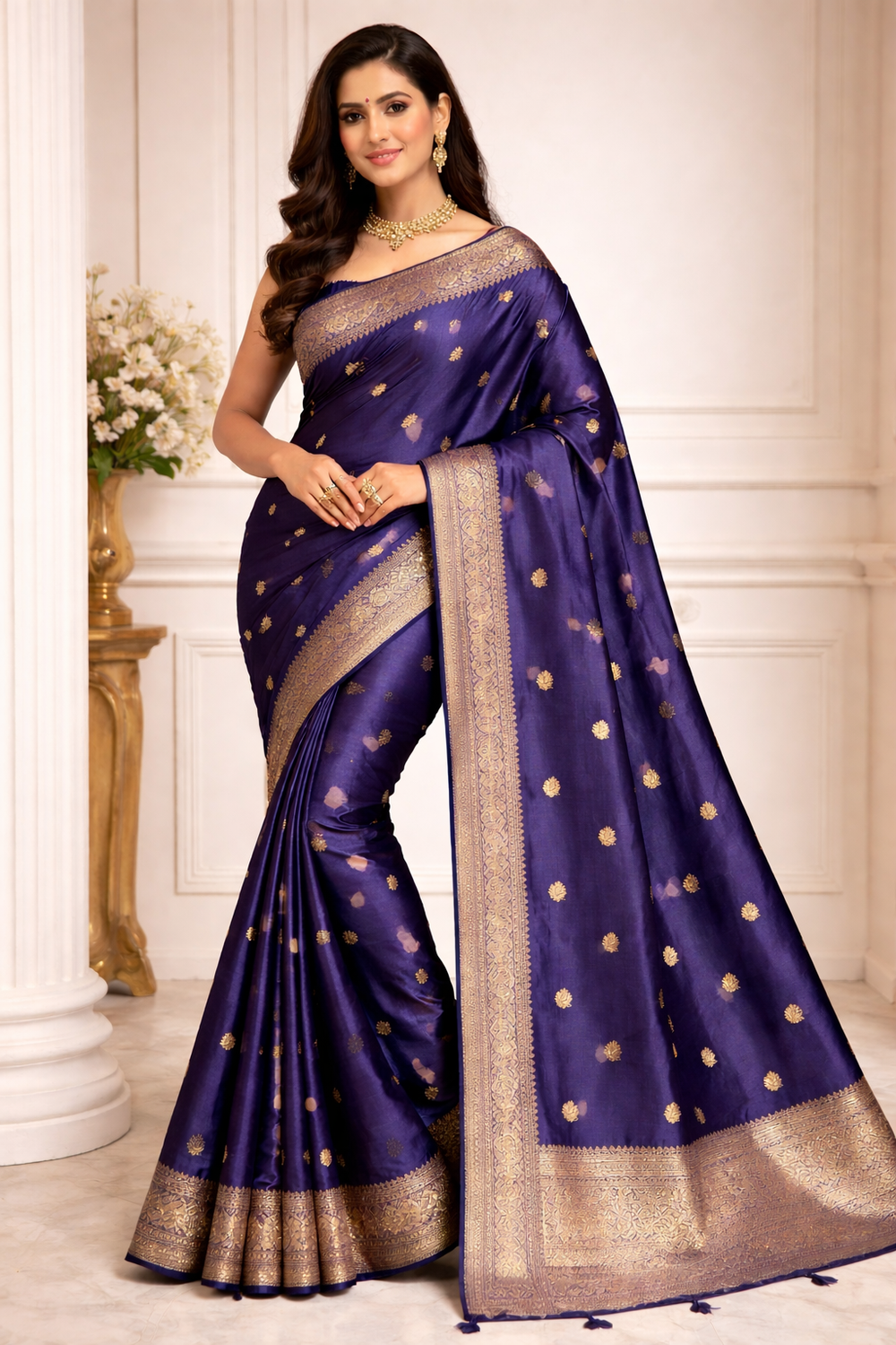 Slate Blue Silk Saree with Gold Zari Butis