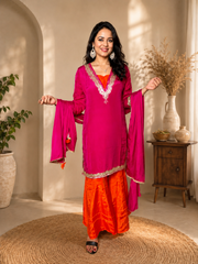Magenta Embroidered Kurta with Orange Palazzo & Dupatta
