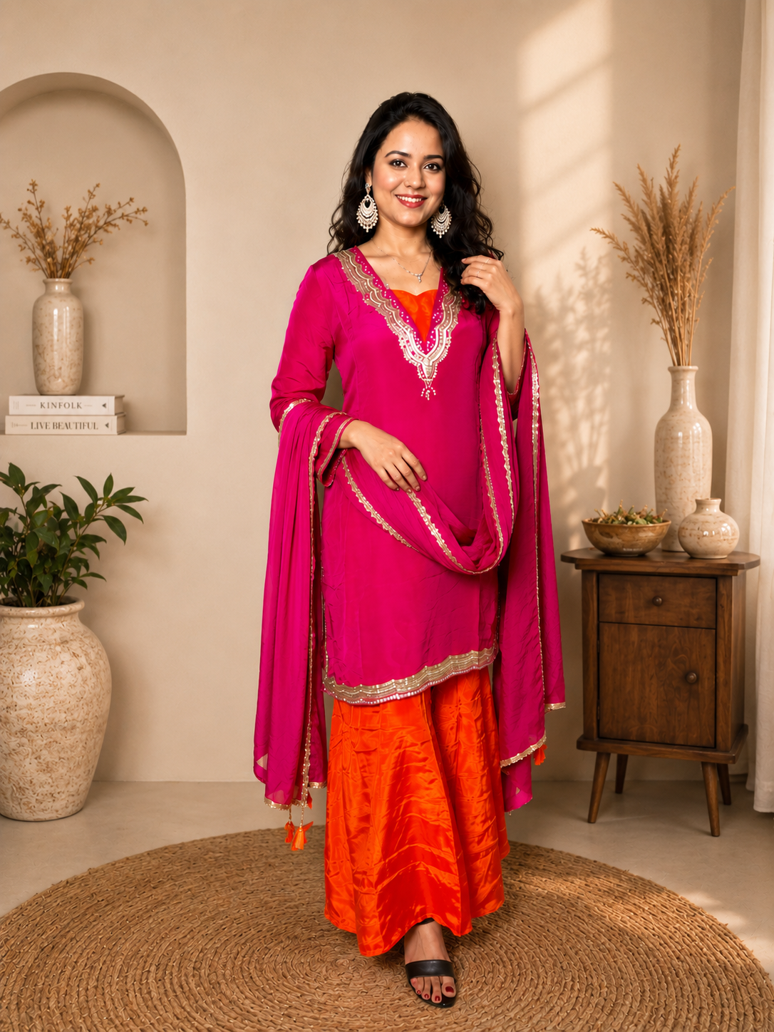 Magenta Embroidered Kurta with Orange Palazzo & Dupatta