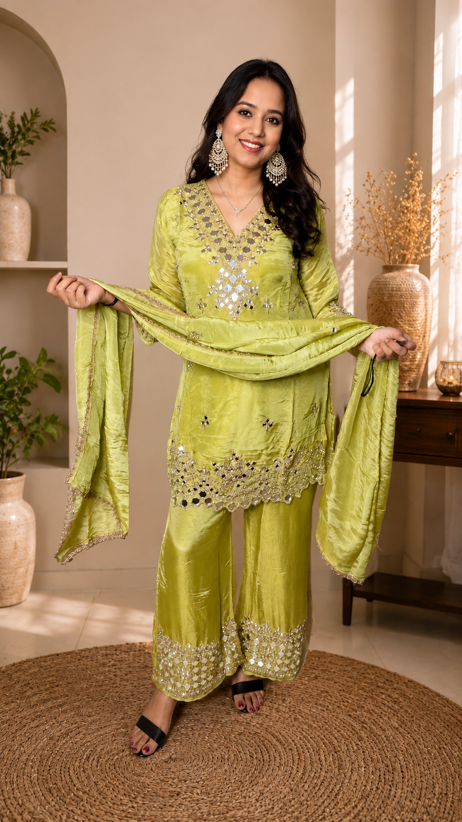 Lime Green Mirror Work Kurta Set with Palazzo & Dupatta