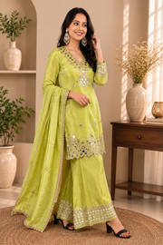 Lime Green Mirror Work Kurta Set with Palazzo & Dupatta