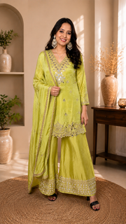 Lime Green Mirror Work Kurta Set with Palazzo & Dupatta