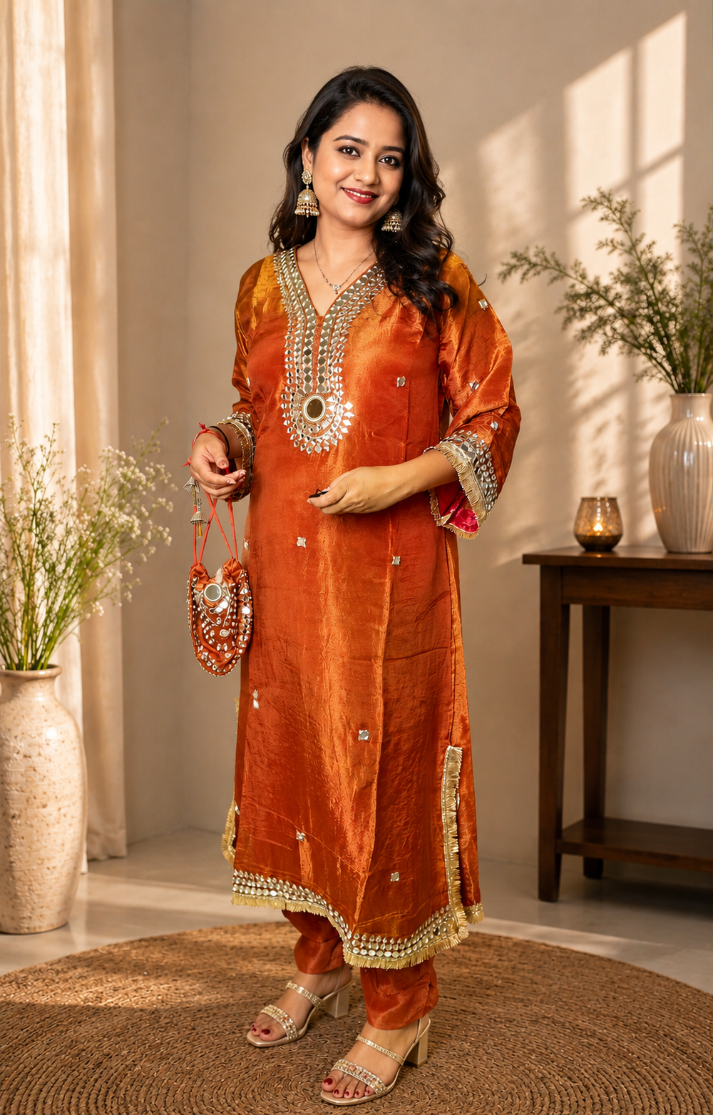 Rust Orange Mirror Work Kurta Set with Pants & Potli