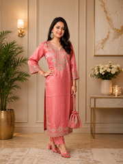 Tissue Silk Embroidered Kurta Set with Matching Potli