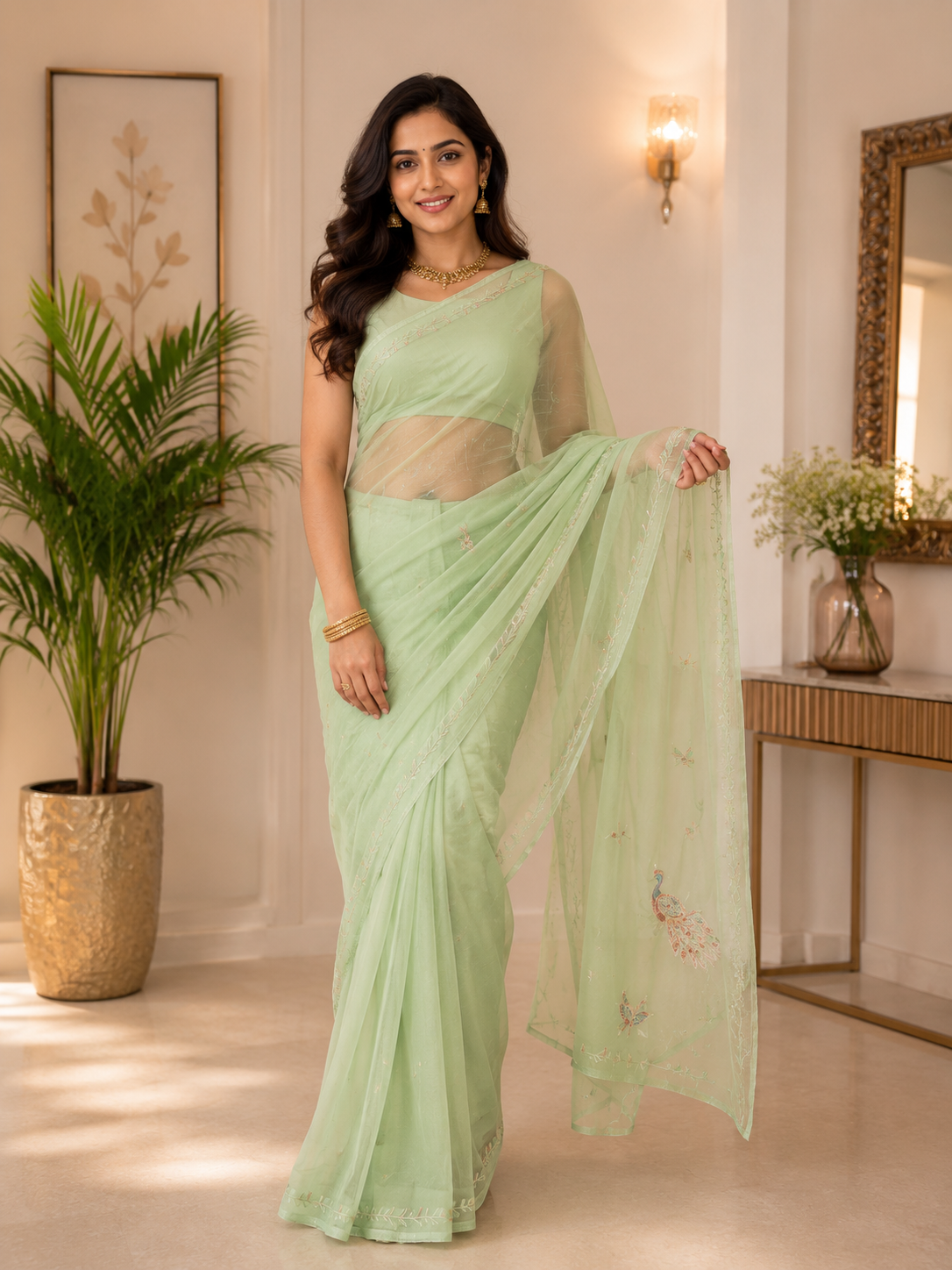 Pista Green Royal Georgette Saree with Exquisite Aari Taari Work