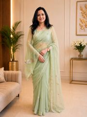 Pista Green Royal Georgette Saree with Exquisite Aari Taari Work