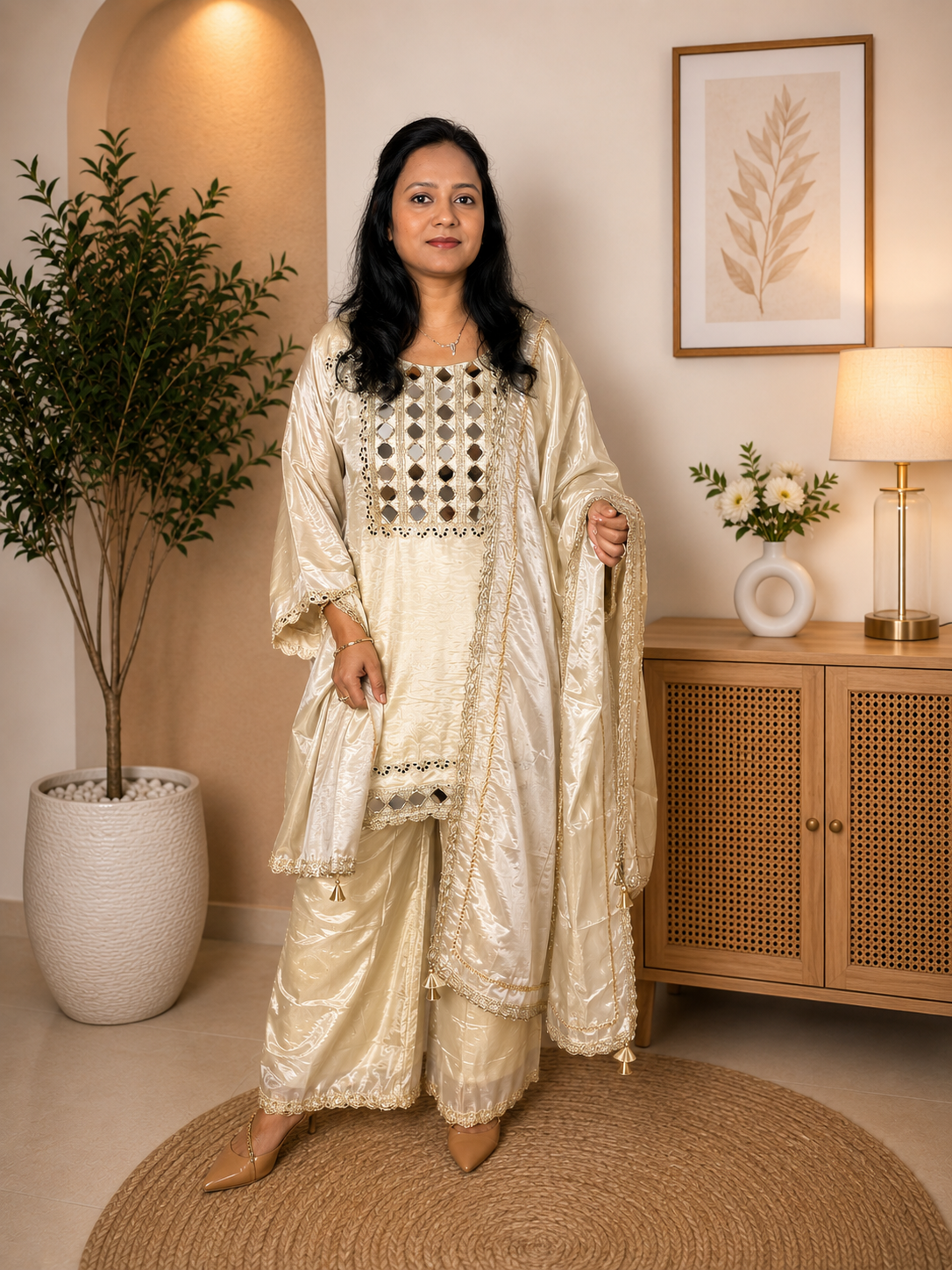 Beige and Gold Silk Suit with Mirror Work