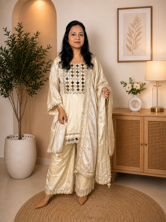 Beige and Gold Silk Suit with Mirror Work