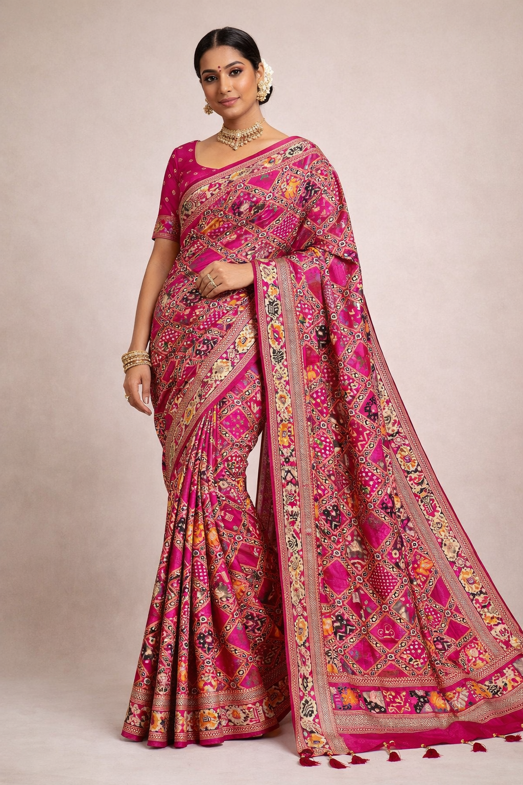 Rani pink patola silk saree with meenakari zari weaving work.