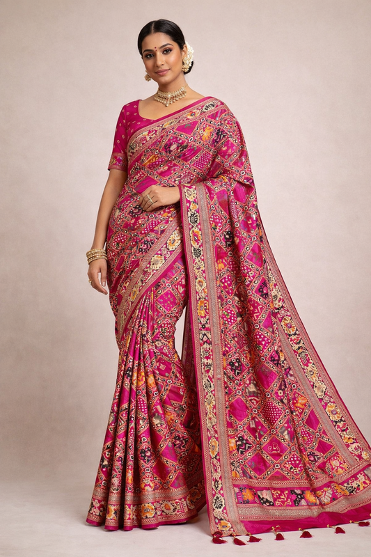 Rani pink patola silk saree with meenakari zari weaving work.