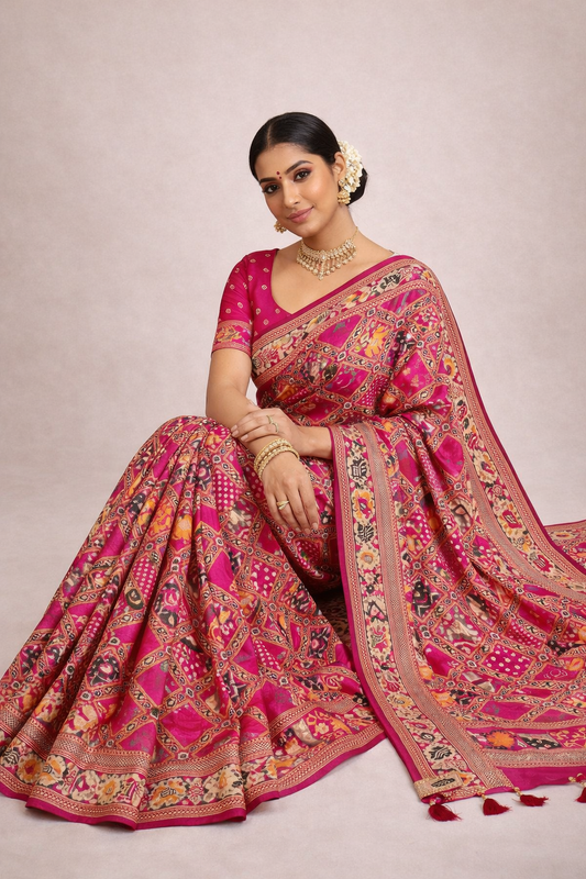 Rani pink patola silk saree with meenakari zari weaving work.