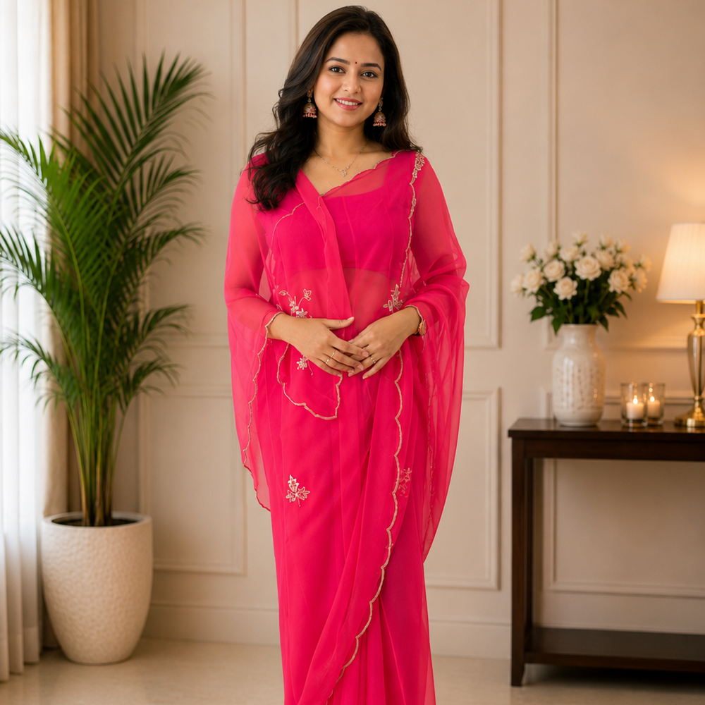 Peach Georgette Saree with Cut Dana Handwork