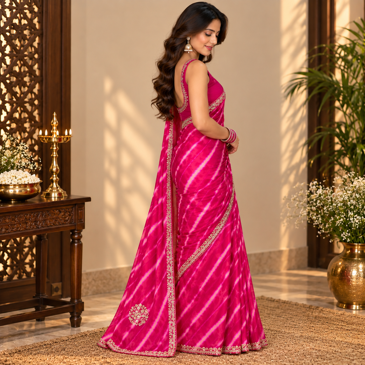 Close-up of zardosi border and golden motifs on the pink leheriya saree
