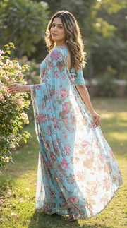 Sky blue georgette saree with Sequence work and mirror work border