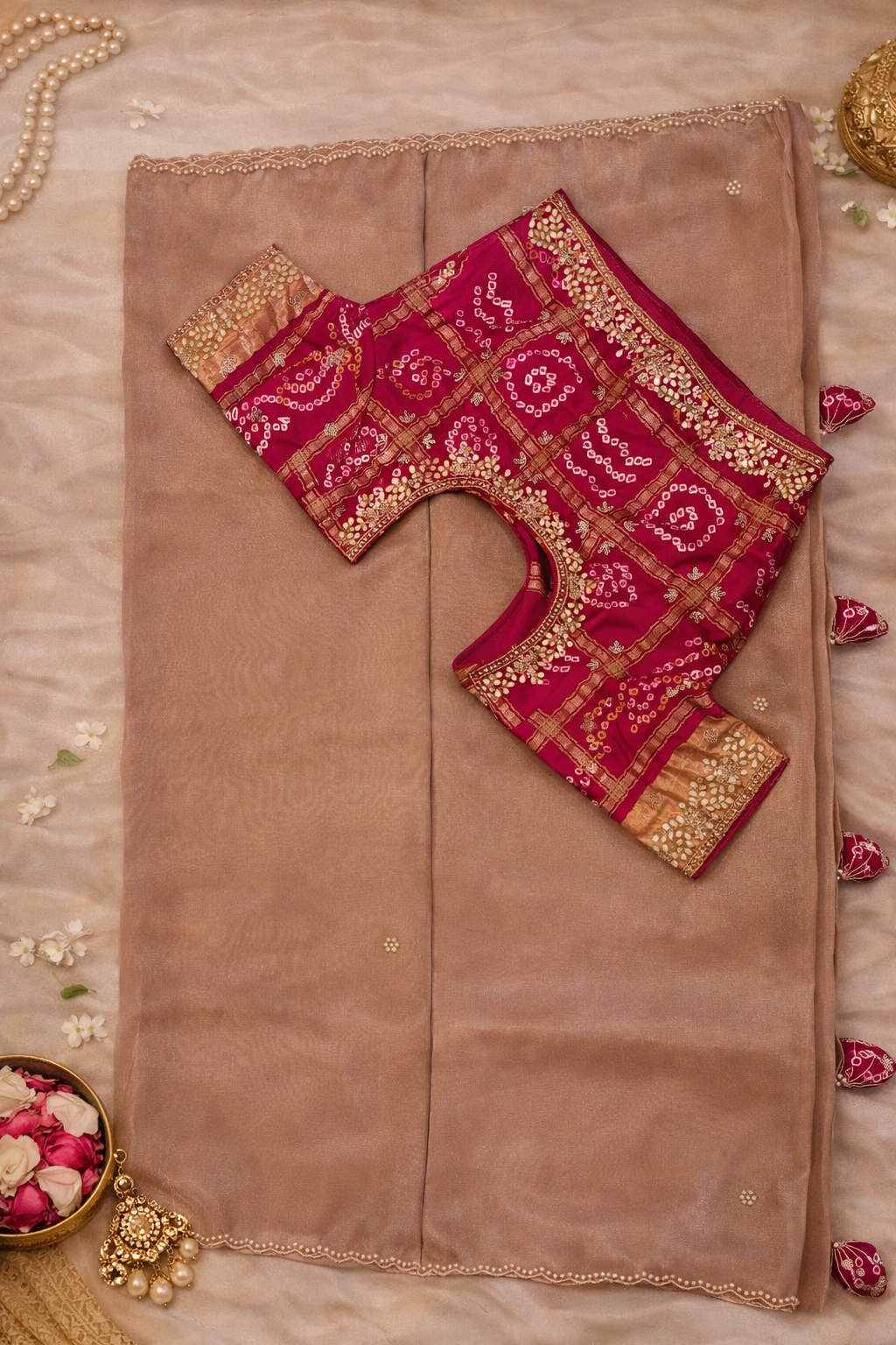 Designer Tissue Silk Saree with Contrast Bandhani Blouse.
