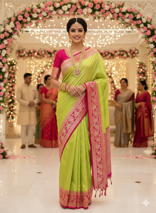 Lime Green Mashru Silk Saree with Pink Border tvisa