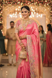 Pink Banarasi Silk Wedding Saree tvisa