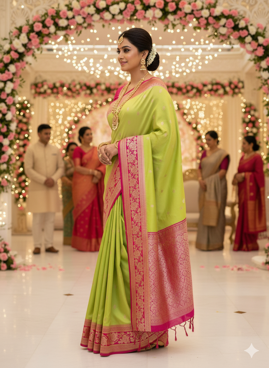 Lime Green Mashru Silk Saree with Pink Border tvisa