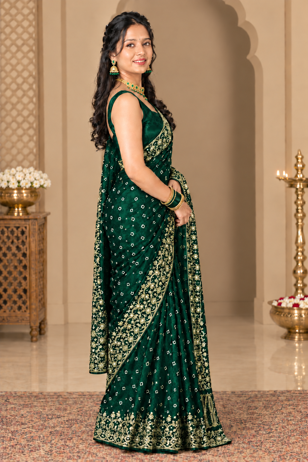 Green Gajji Silk Bandhani Saree with Handwork