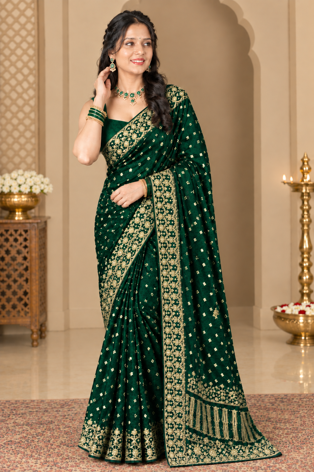 Green Gajji Silk Bandhani Saree with Handwork