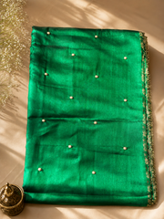 Emerald Green Tissue Silk Saree with Gold Zari and Handwork