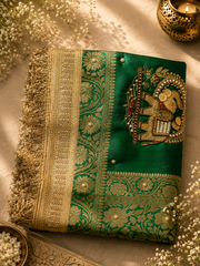 Emerald Green Tissue Silk Saree with Gold Zari and Handwork