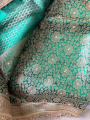 Emerald Green Tissue Silk Saree with Gold Zari and Handwork