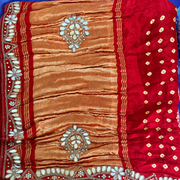Green & Red Bandhani Saree with Handwork
