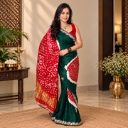 Green & Red Bandhani Saree with Handwork