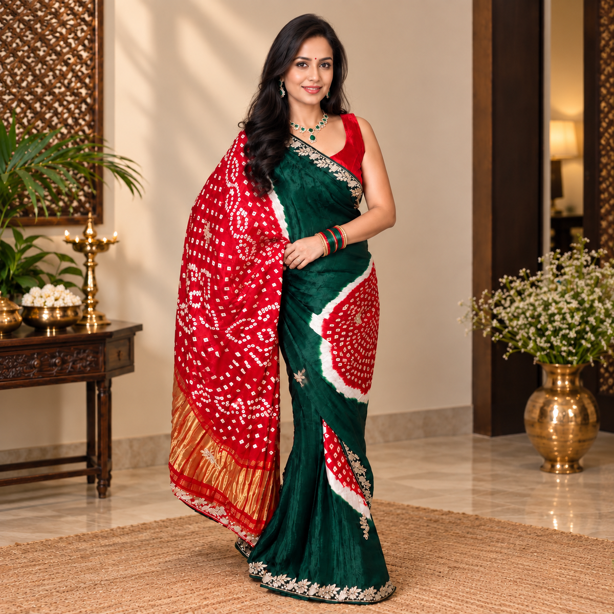 Green & Red Bandhani Saree with Handwork