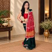 Green & Red Bandhani Saree with Handwork