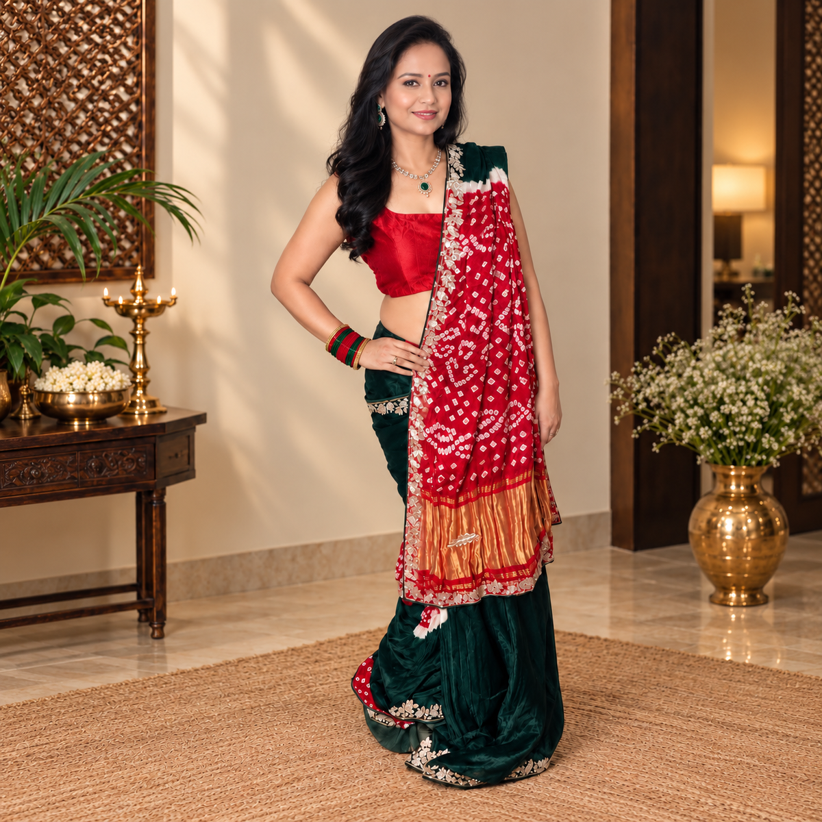 Green & Red Bandhani Saree with Handwork